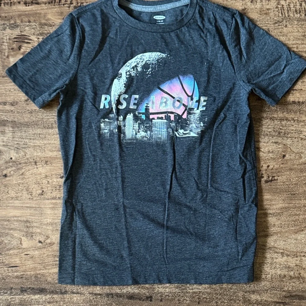 Gray Graphic Tee with Moon and City Basketball design